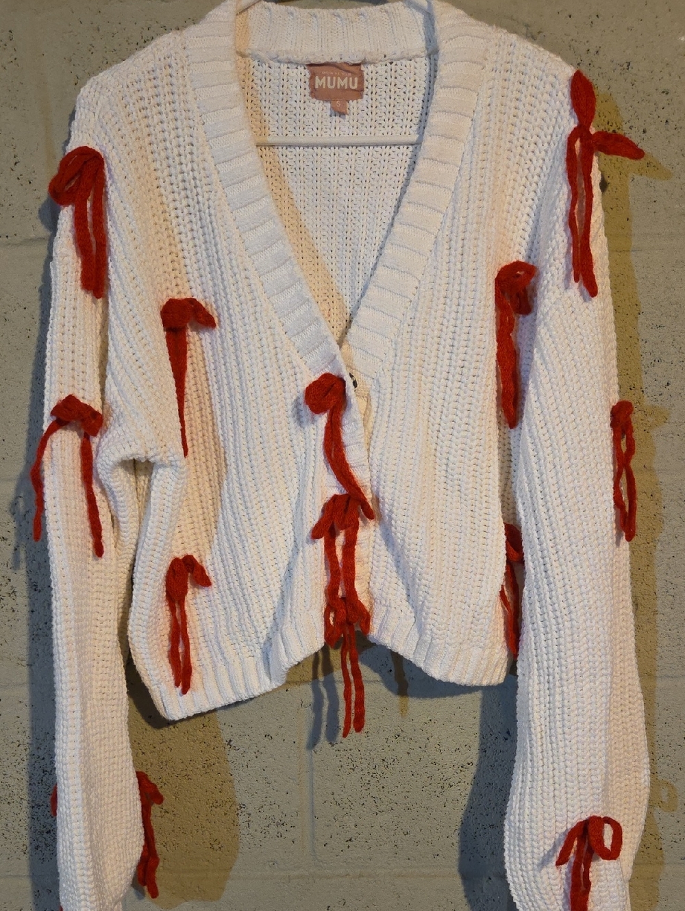 Show Me Your Mumu White Chunky Knit Cardigan Sweater with Red Bows Size Small